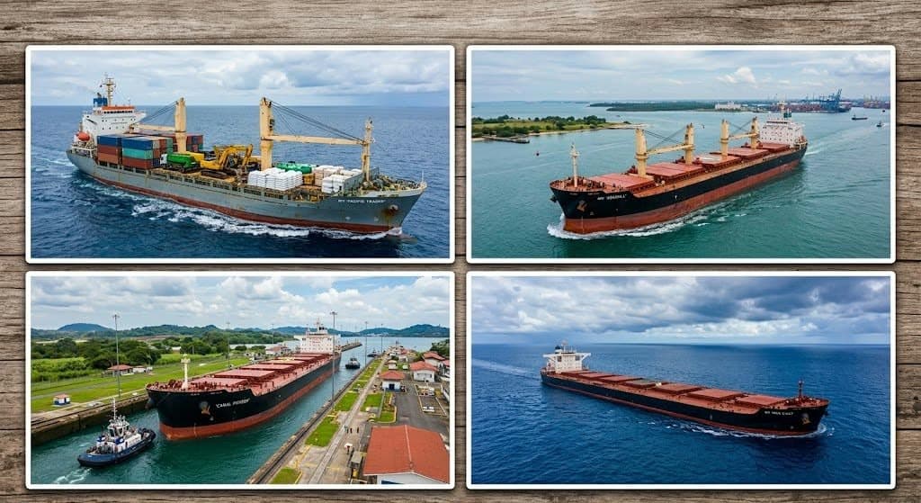 Four bulk carriers of different sizes at sea, in port and in a canal lock